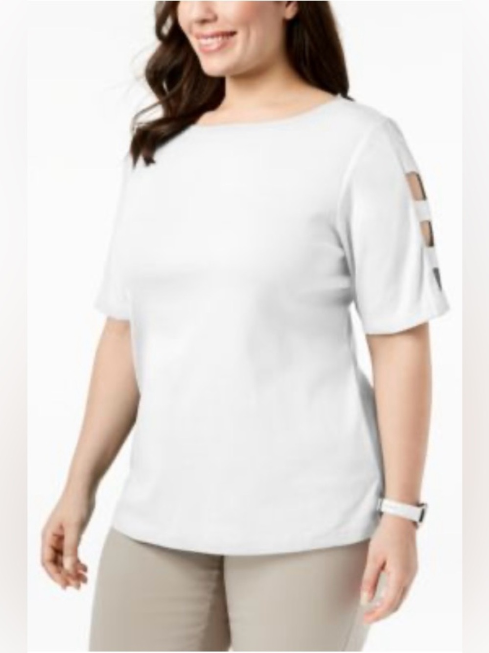 Karen Scott 1X NWT White Short Sleeve Top with Cutout Sleeves 100% Cotton